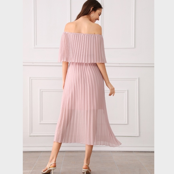 Off Shoulder Pleated Pastel Pink Dress - Picture 3 of 7